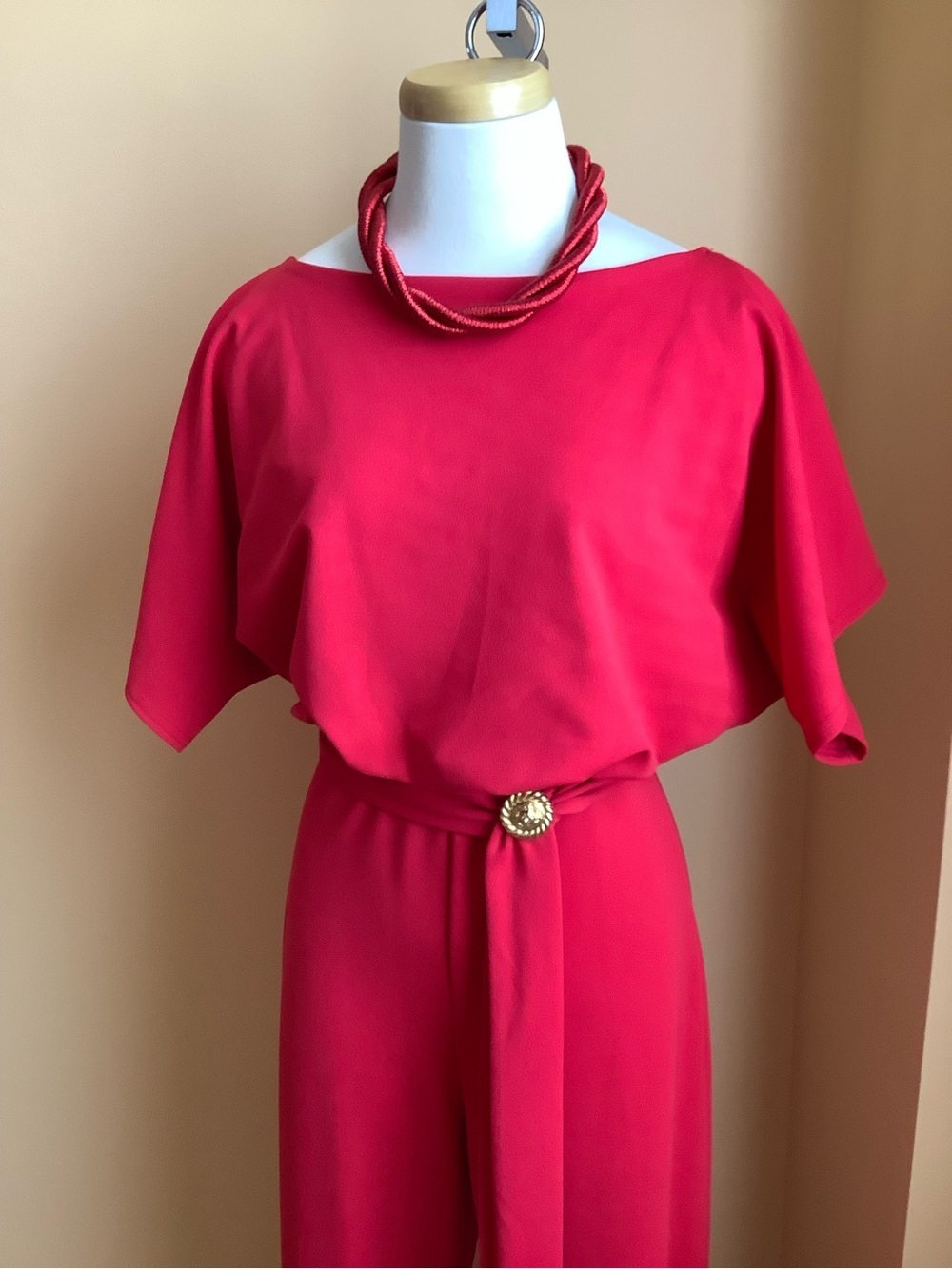 KENDI BOUTIQUE Red Flutter Sleeve Wide Leg Belted Jumpsuit Dolman Romper XL - Picture 6 of 13
